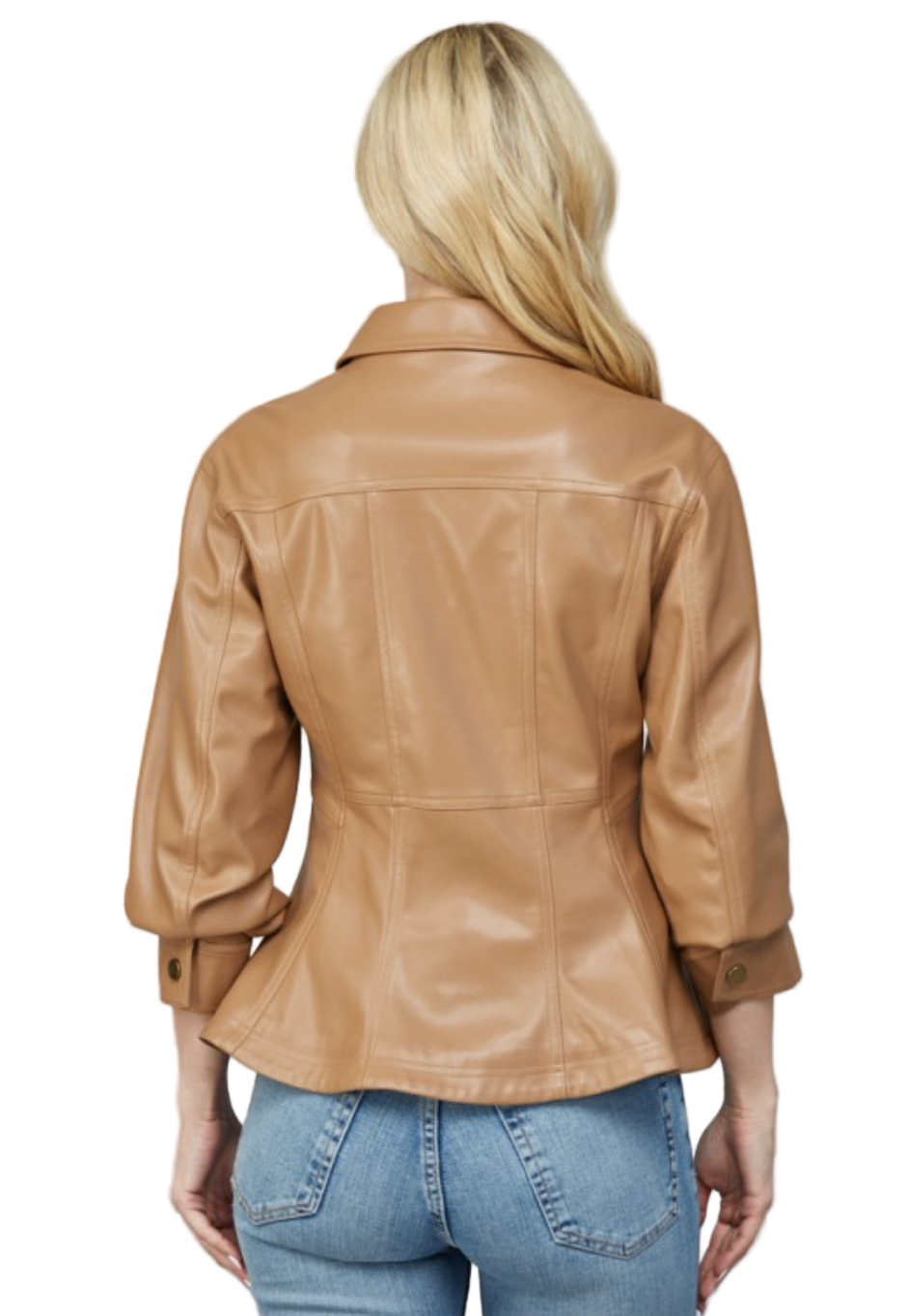 Faux Leather Peplum Shirt Jacket-Camel
