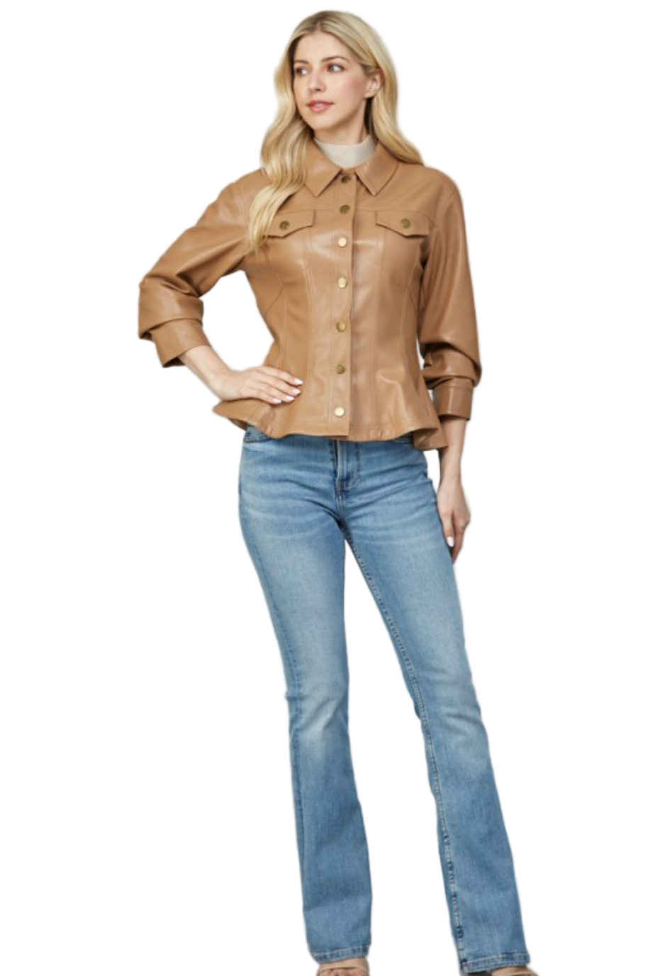 Faux Leather Peplum Shirt Jacket-Camel