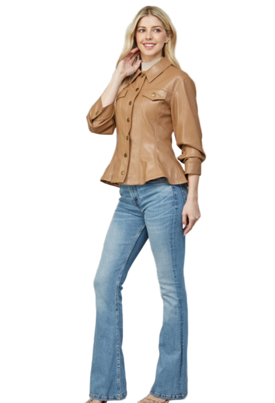 Faux Leather Peplum Shirt Jacket-Camel