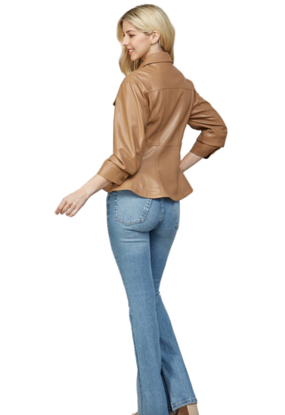 Faux Leather Peplum Shirt Jacket-Camel
