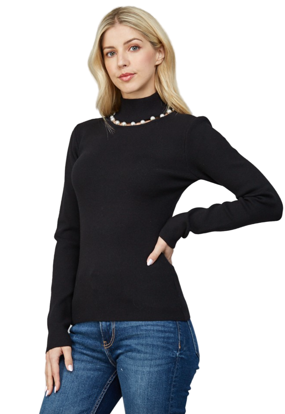 Pearl Trim Turtleneck Sweater-Black