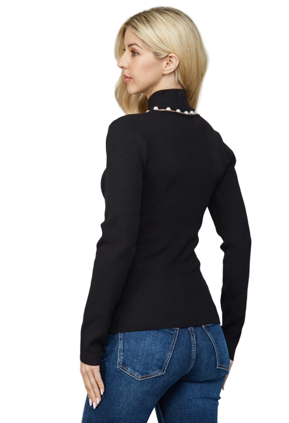 Pearl Trim Turtleneck Sweater-Black