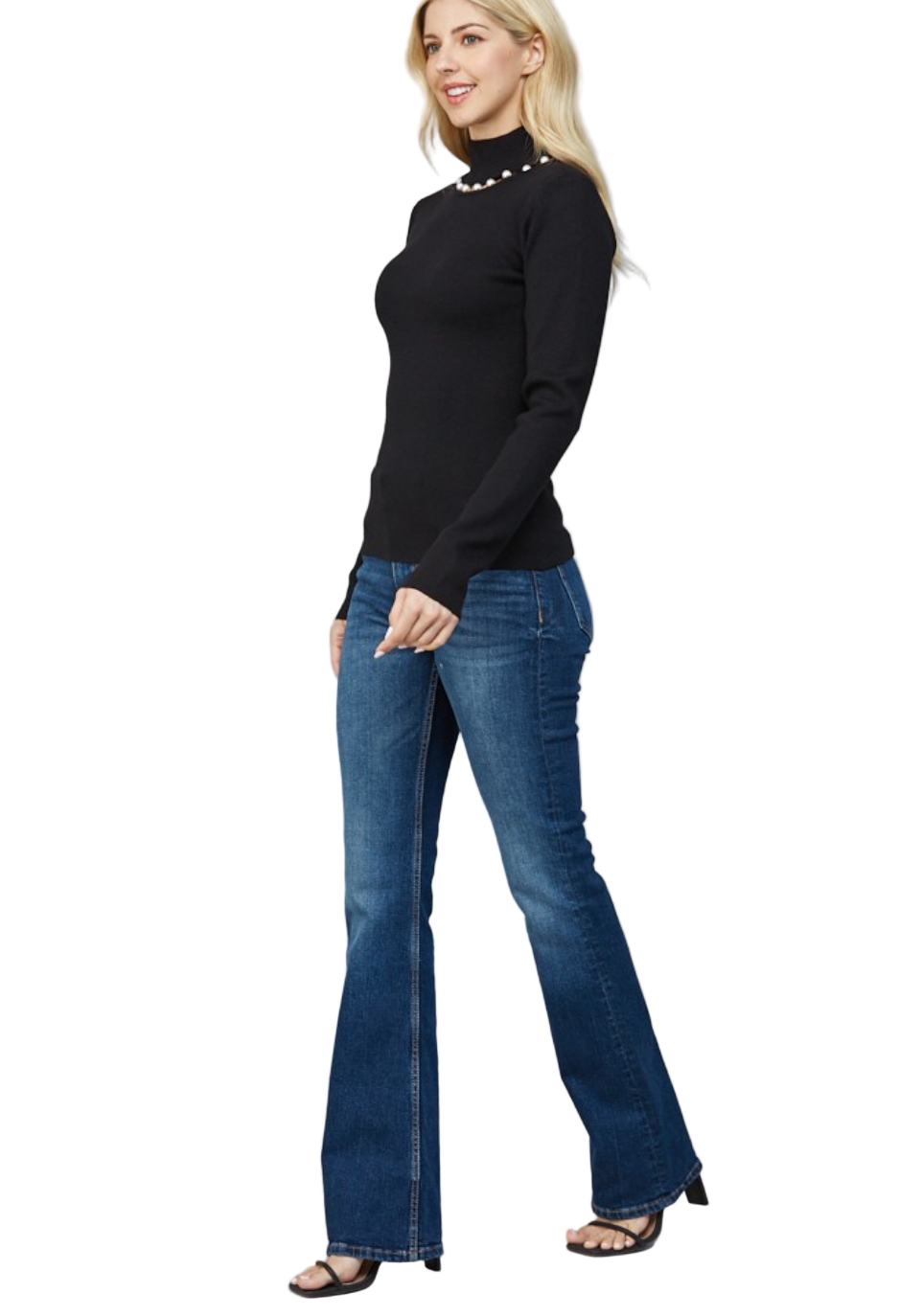 Pearl Trim Turtleneck Sweater-Black