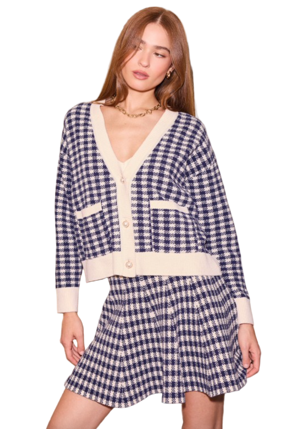 Checkered Cardigan-Navy/Cream