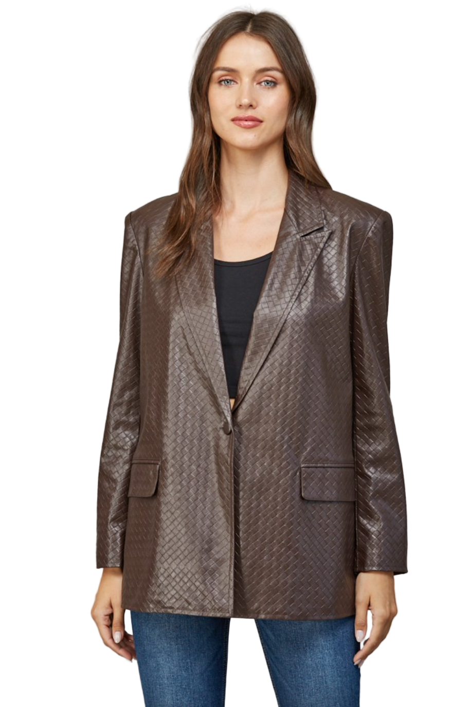 Criss Cross Faux Leather Blazer-Brown