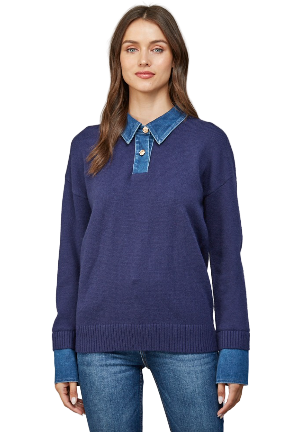 Denim Shirt Collar Sweater-Navy