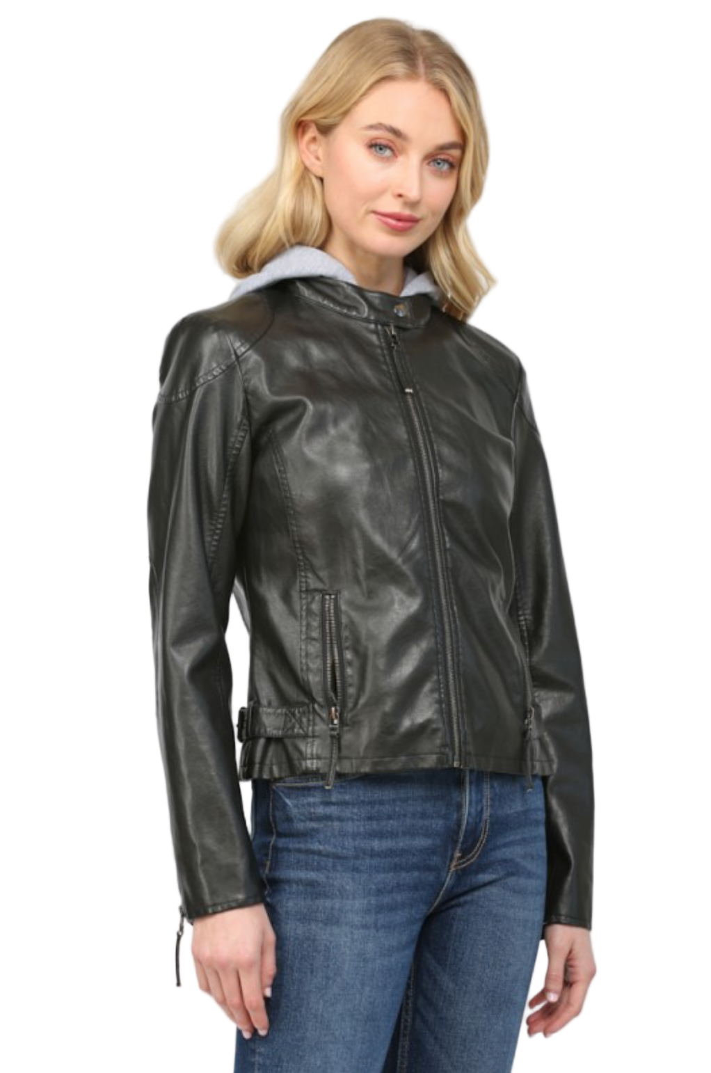 Hooded Faux Leather Jacket-Black