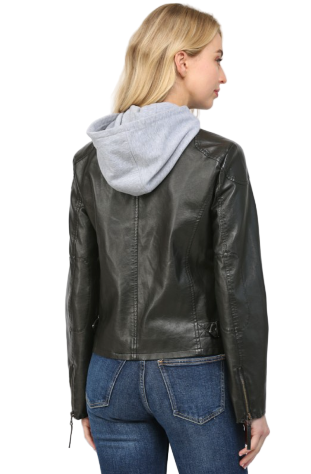 Hooded Faux Leather Jacket-Black