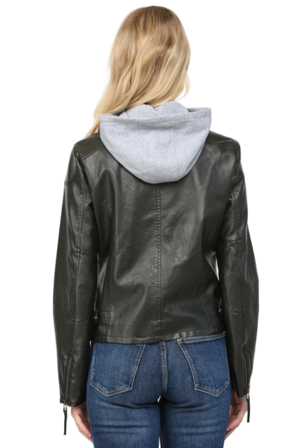 Hooded Faux Leather Jacket-Black