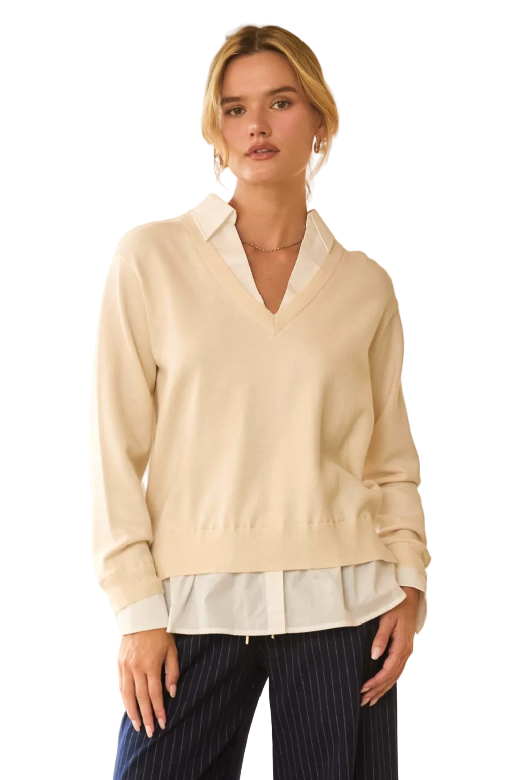Layered Mixed Media Sweater-Ivory/White