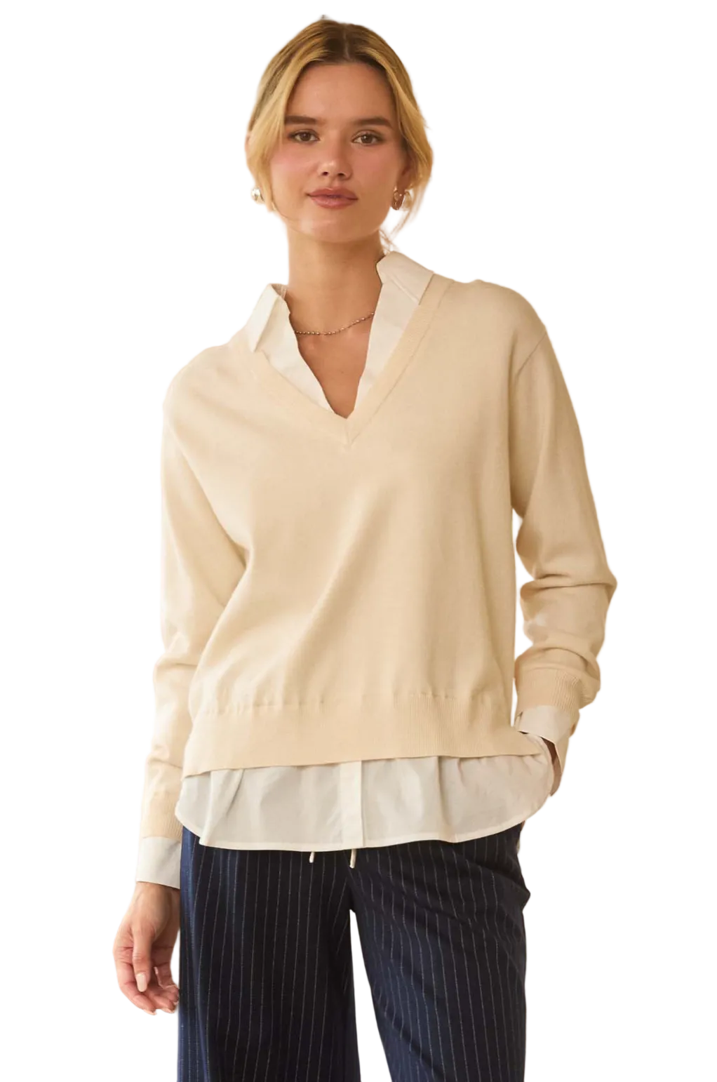 Layered Mixed Media Sweater-Ivory/White