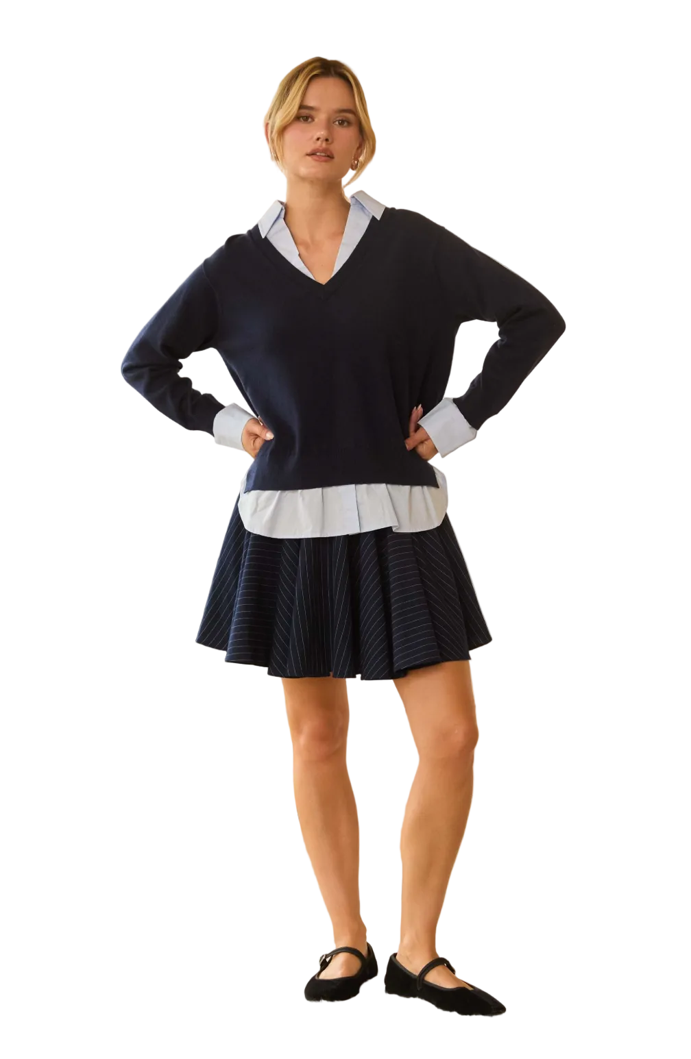 Layered Mixed Media Sweater-Navy/Blue