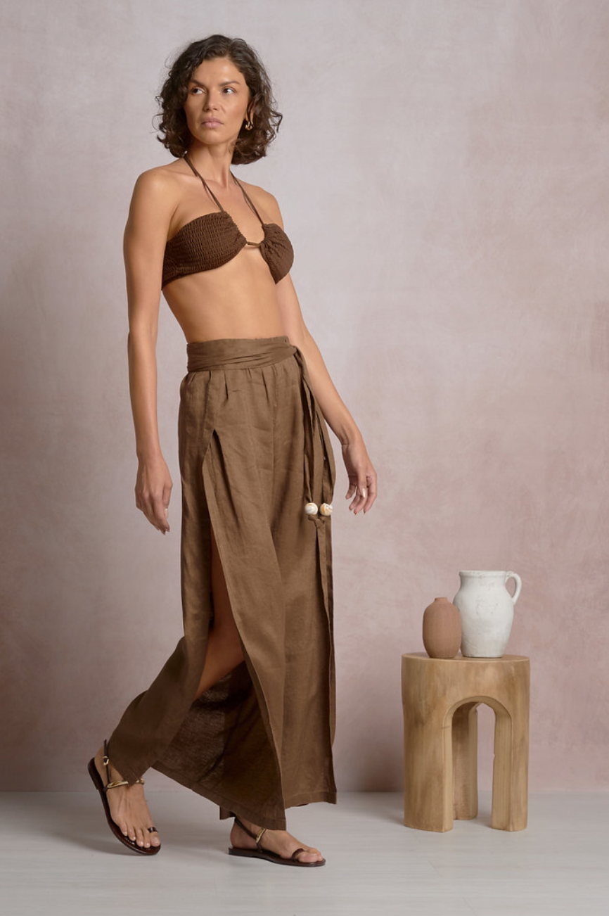 Linen Side Slit Pants-Brown