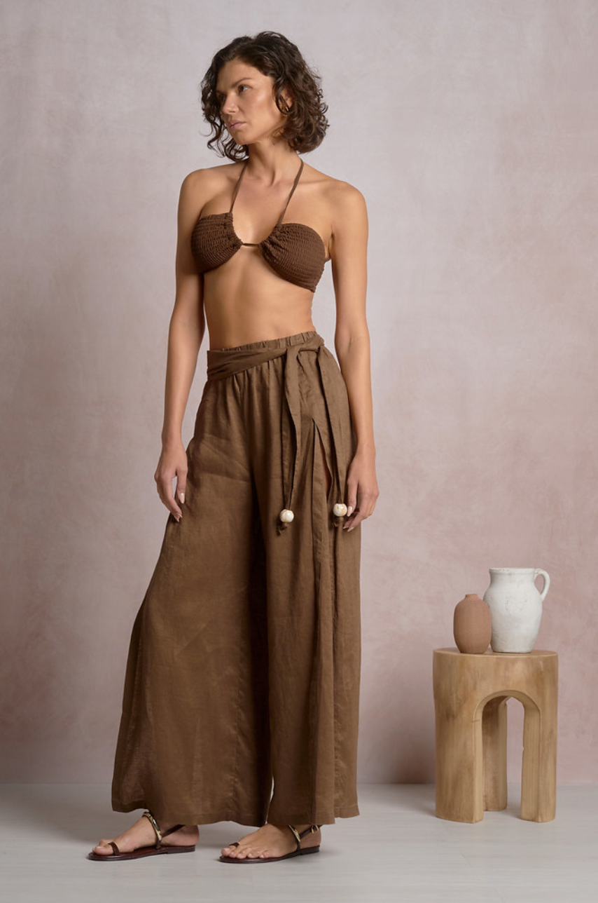 Linen Side Slit Pants-Brown