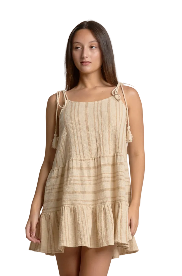Breezy Tie Shoulder Dress-Taupe Stripe