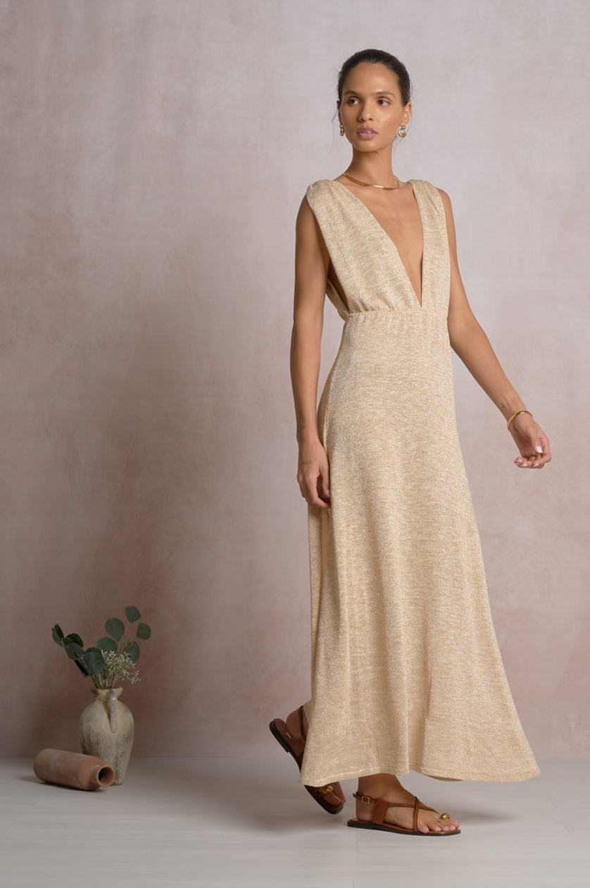 Maxi Plunge Coverup-Sparkly Beige
