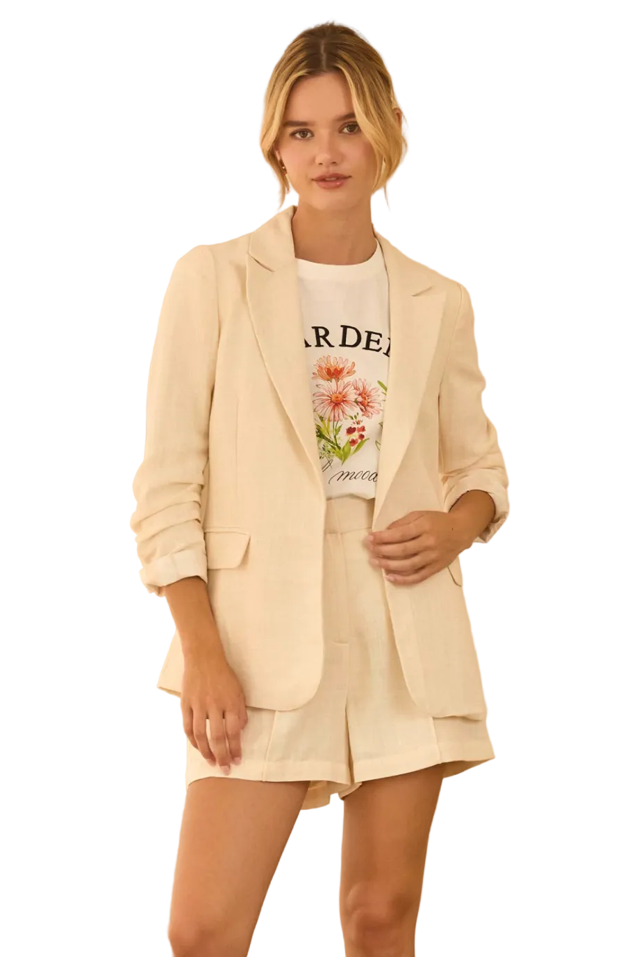 Cinched Sleeve Blazer-Ecru