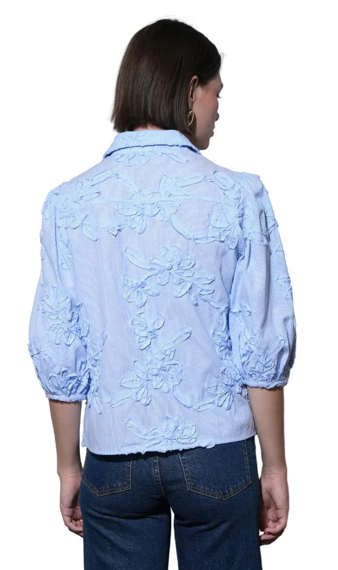 Eleanor Stripe Puff Sleeve Blouse-Blue