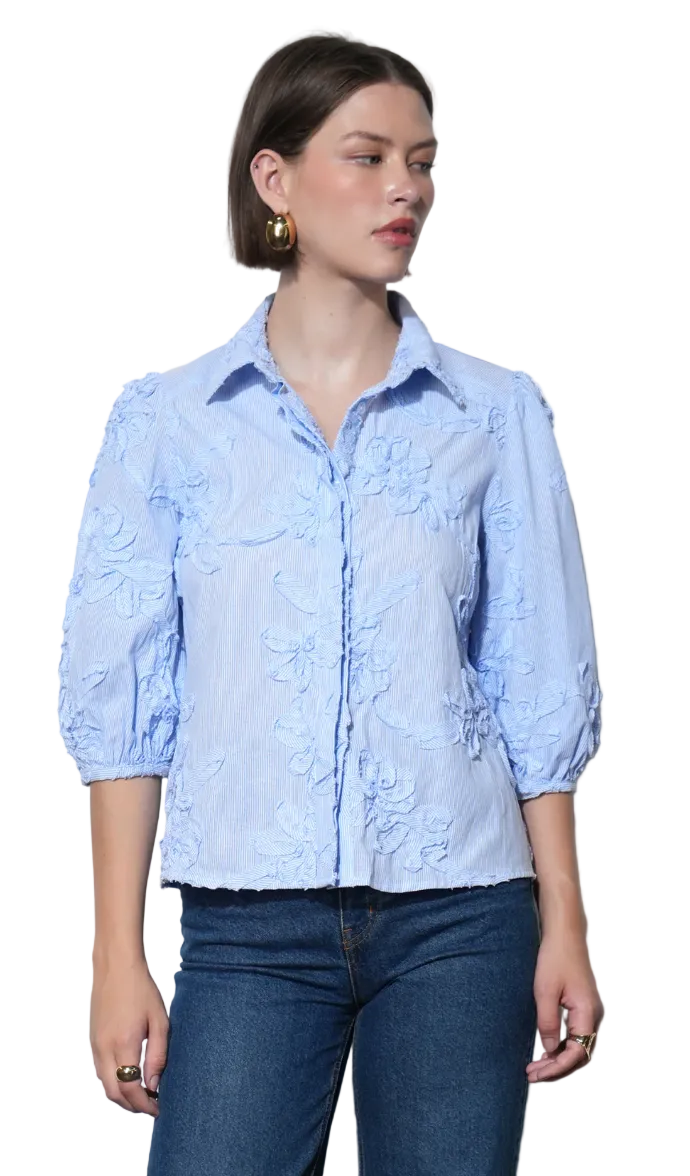 Eleanor Stripe Puff Sleeve Blouse-Blue