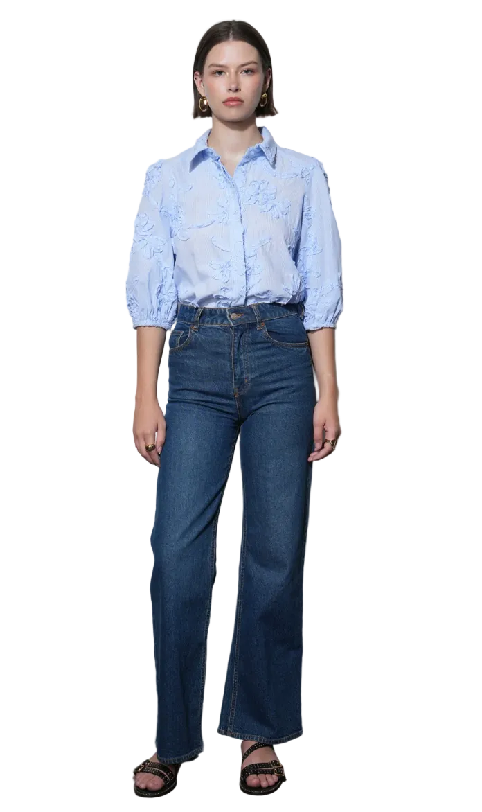 Eleanor Stripe Puff Sleeve Blouse-Blue