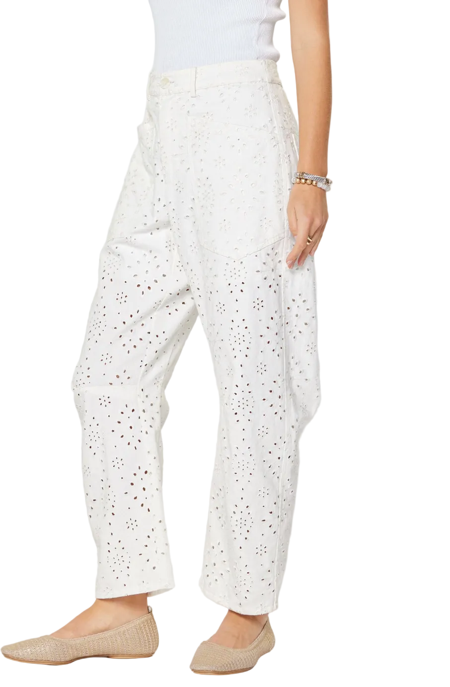Eyelet Barrel Leg Pants-White