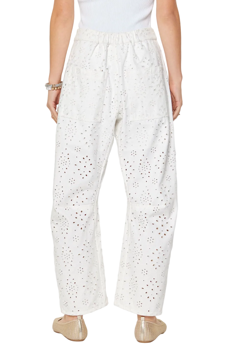 Eyelet Barrel Leg Pants-White