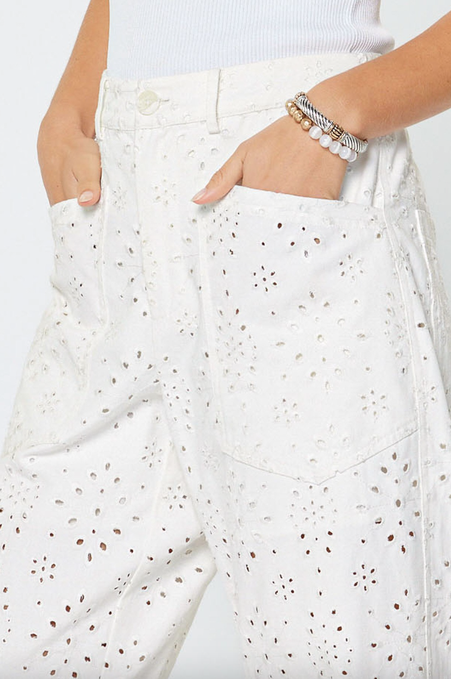 Eyelet Barrel Leg Pants-White