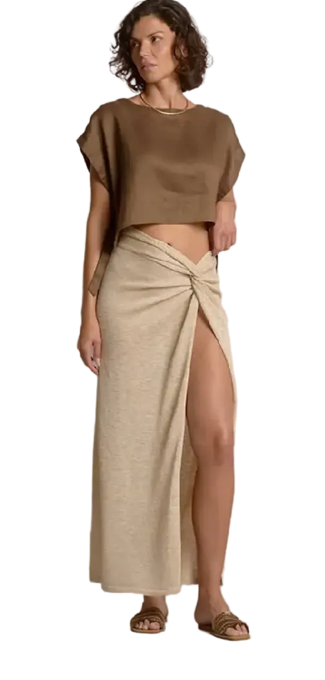 Linen Side Tie Top-Brown