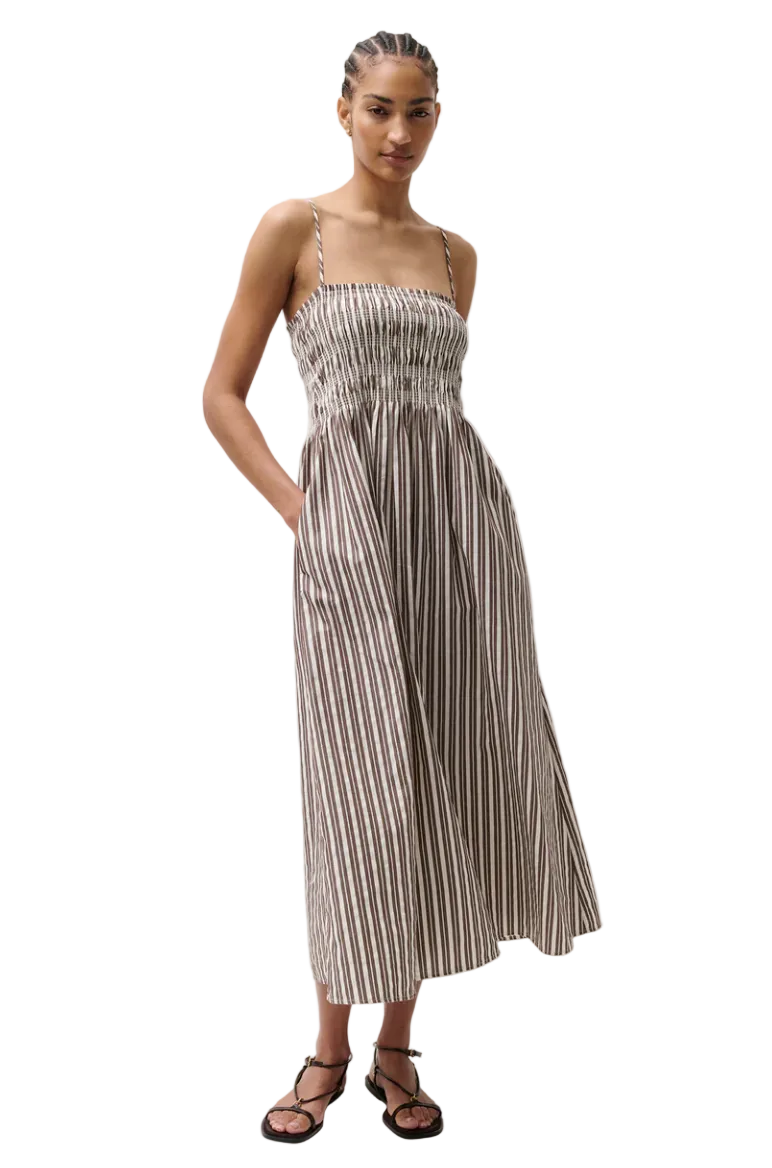 Bianca Shirred Dress-Java Stripe