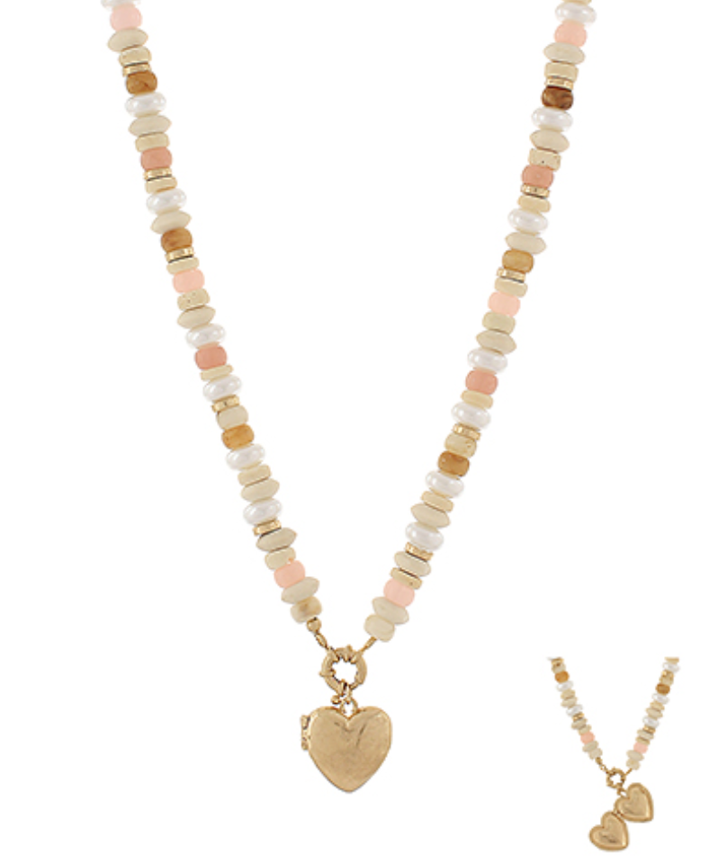 Pearl & Stone Necklace with Heart Pendant