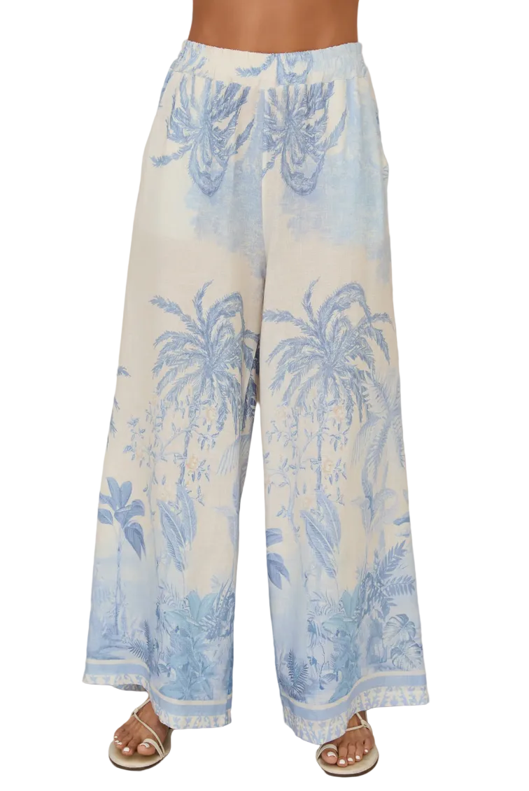Palm Tree Linen Pants-Cream/Blue