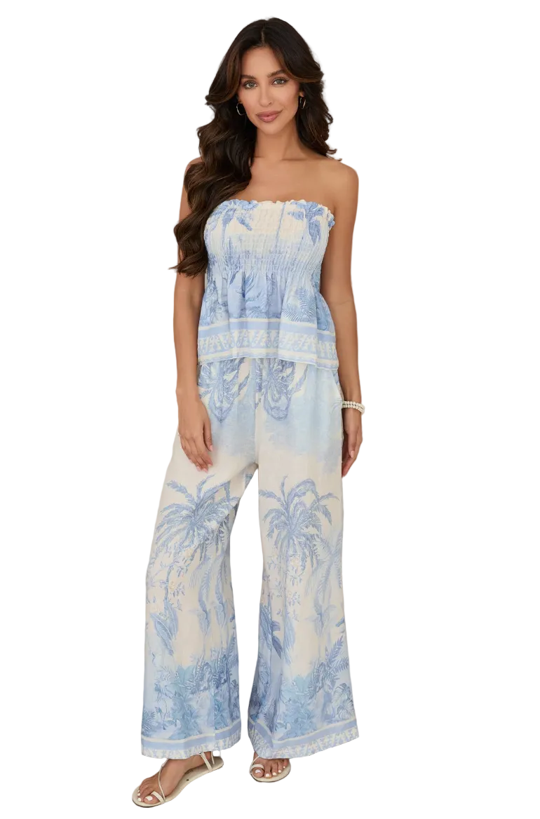 Tropical Smocked Crop Top-Cream/Blue