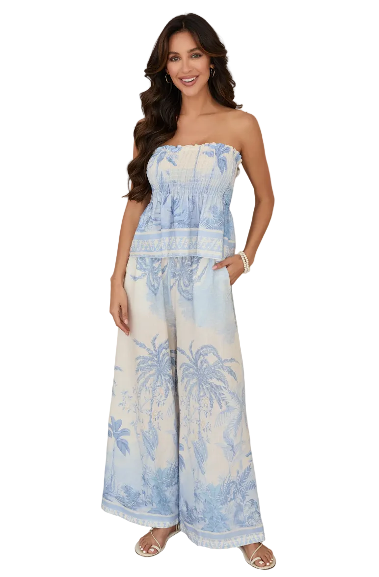 Tropical Smocked Crop Top-Cream/Blue