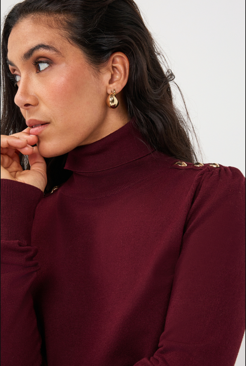 Shoulder Button Knit Turtleneck Sweater-Merlot