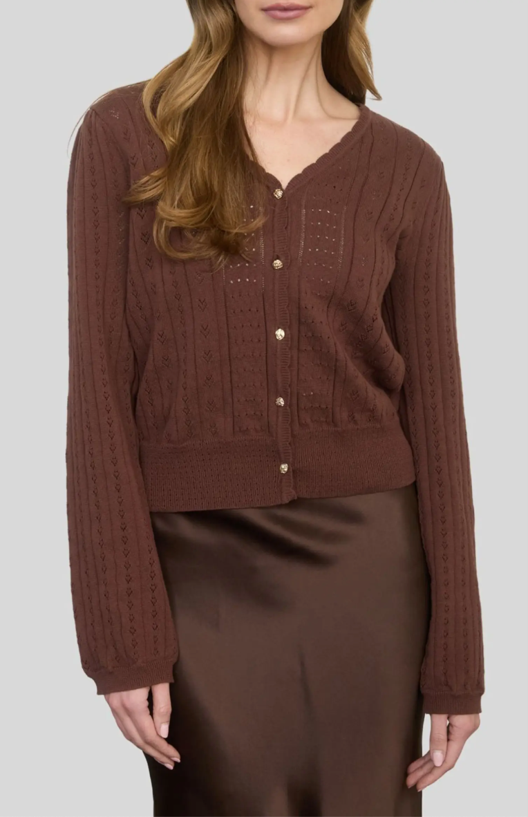 Scallop Edge Pointelle Cardigan-Chocolate