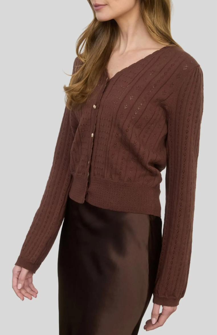 Scallop Edge Pointelle Cardigan-Chocolate