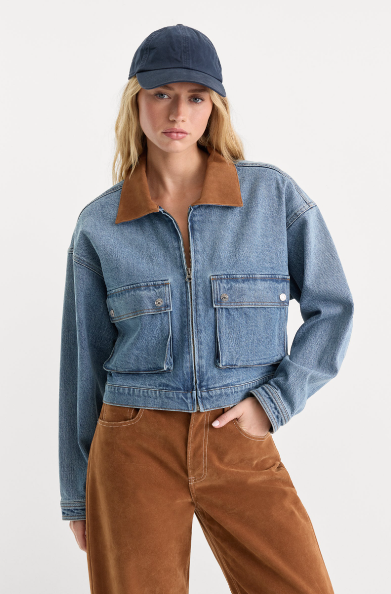 Denim Swing Cropped Jacket-Blue