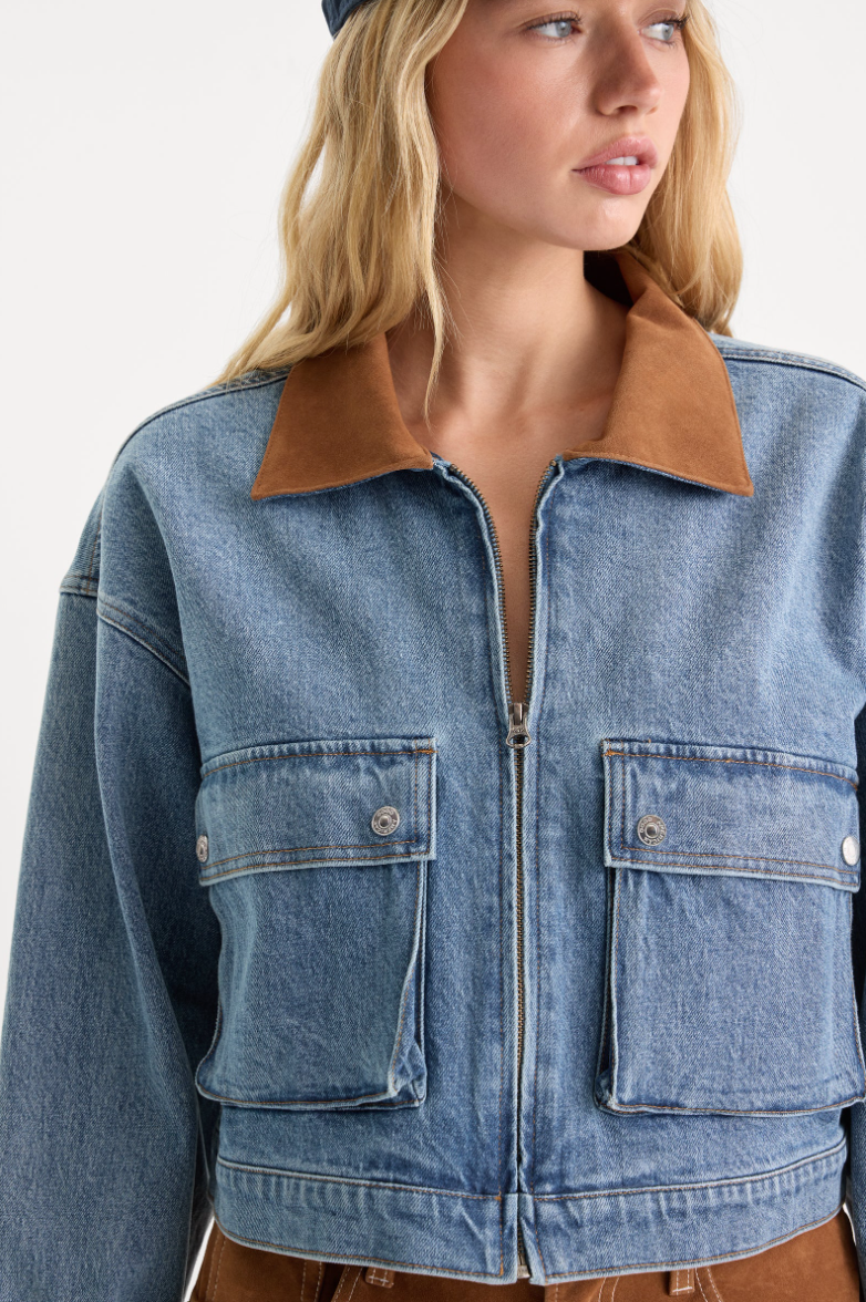 Denim Swing Cropped Jacket-Blue