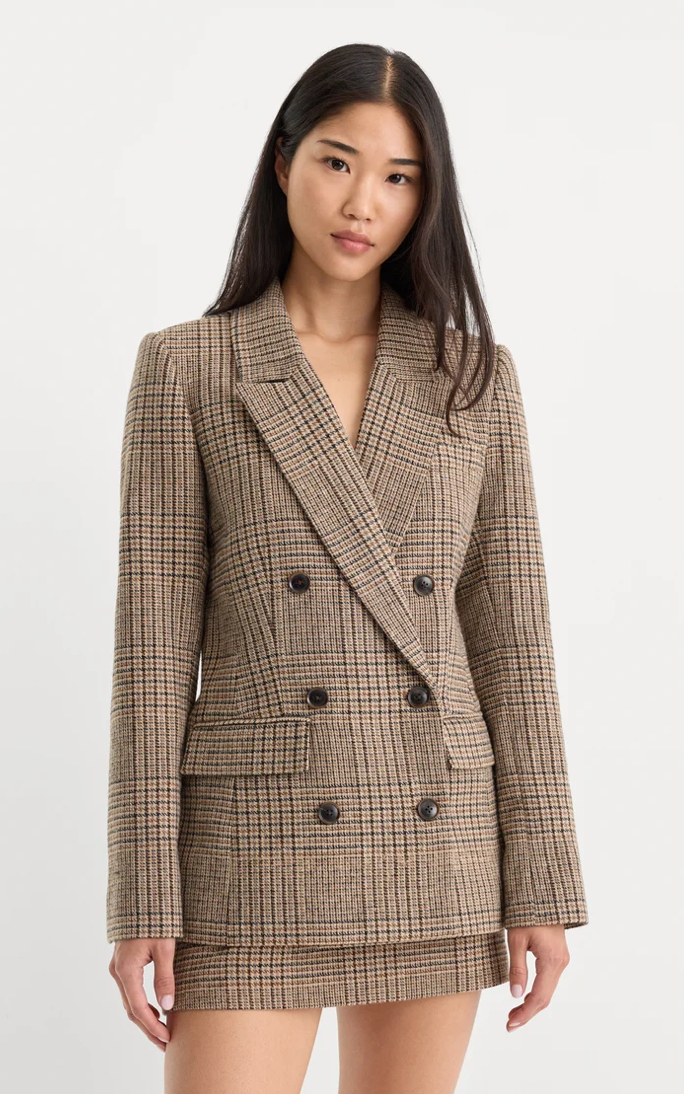 Double Breasted Blazer-Brown Plaid