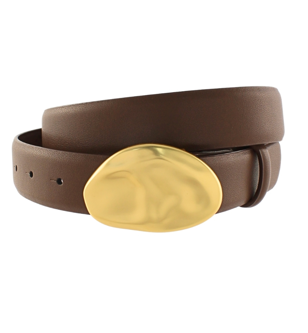 Vintage Oval Buckle Leather Belt-Dark Brown