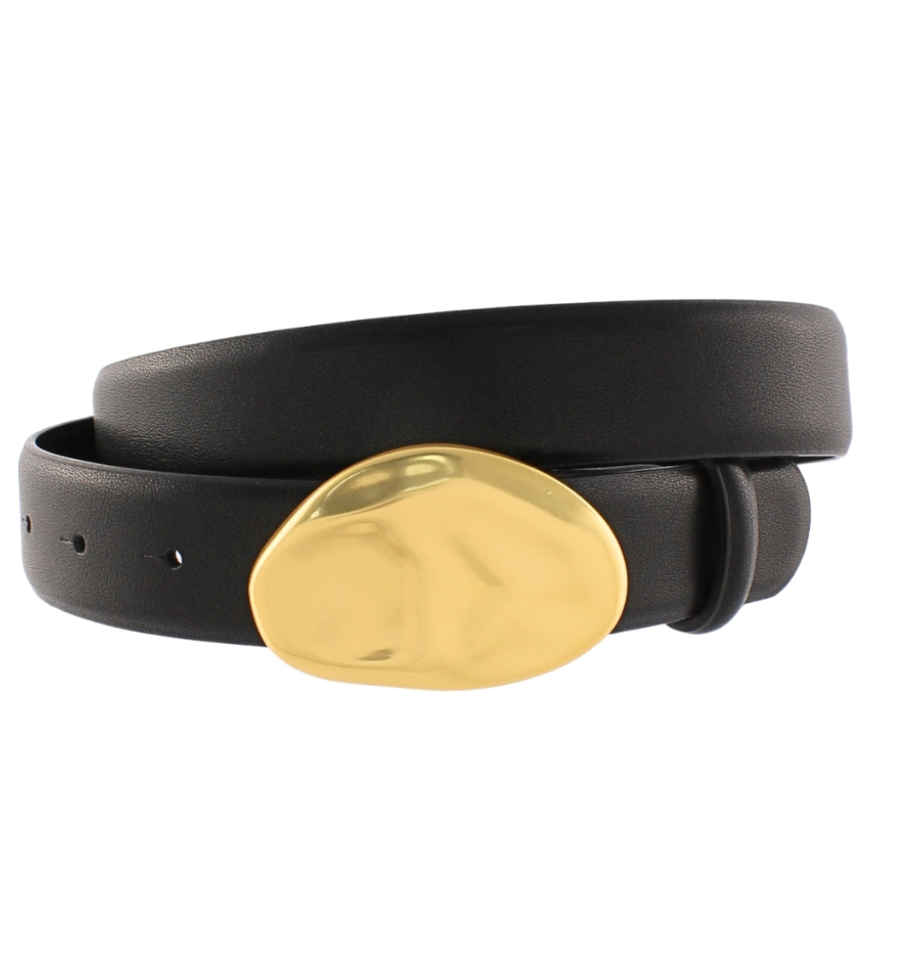 Vintage Oval Buckle Leather Belt-Black