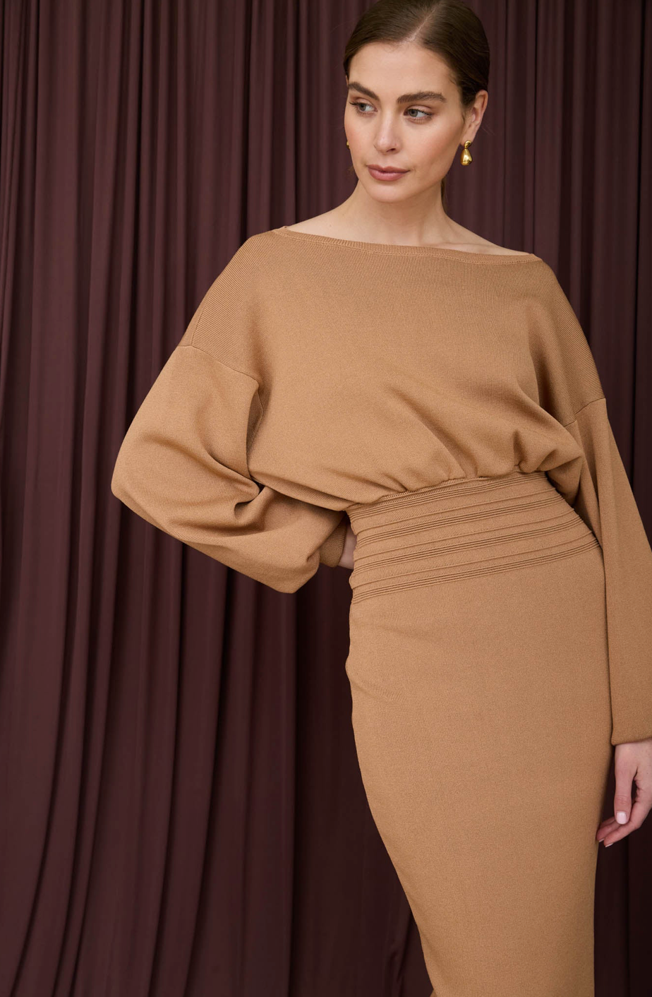 Ribbed Sweater Dress-Camel