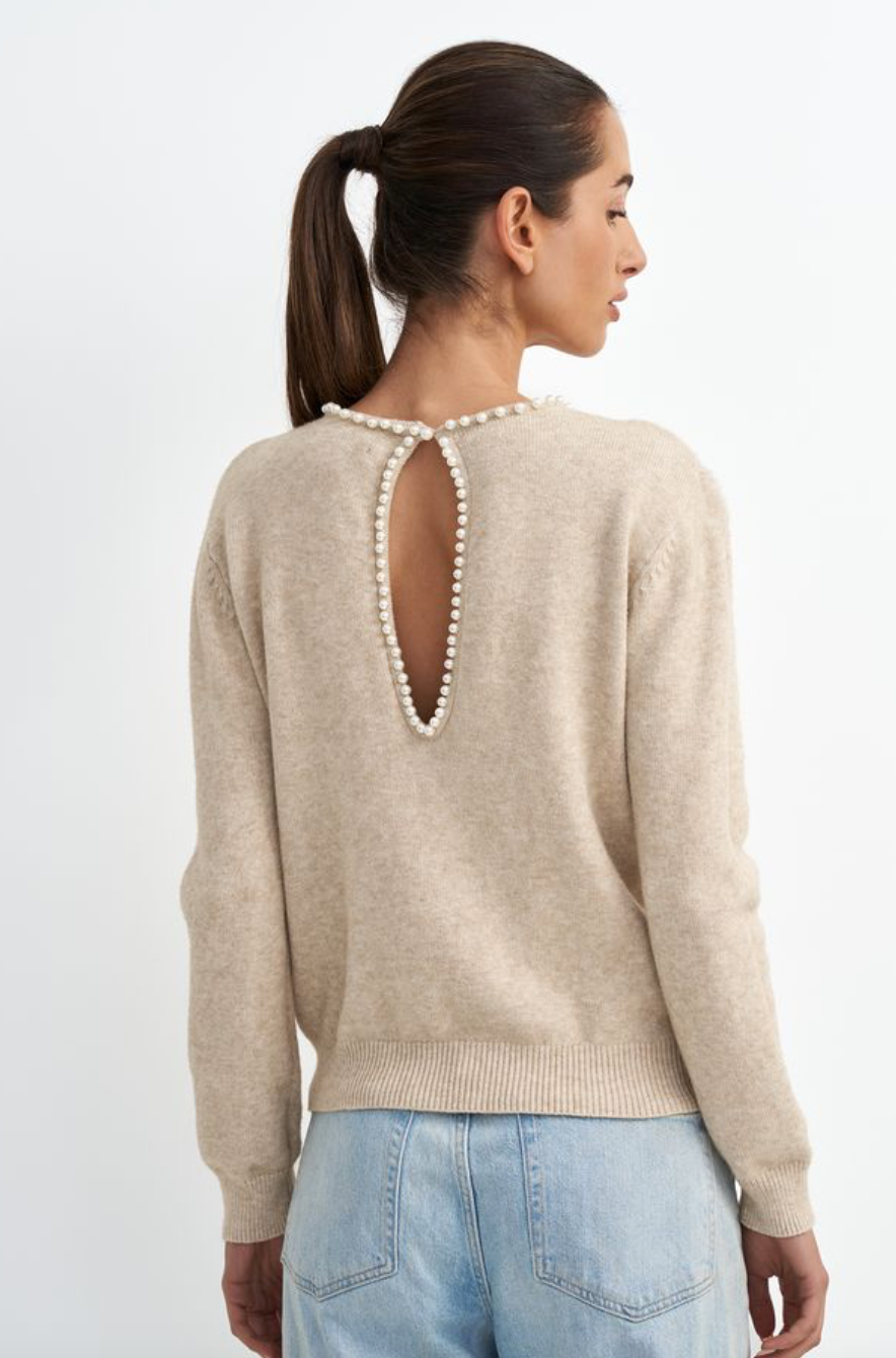 Pearl Neckline Sweater-Beige