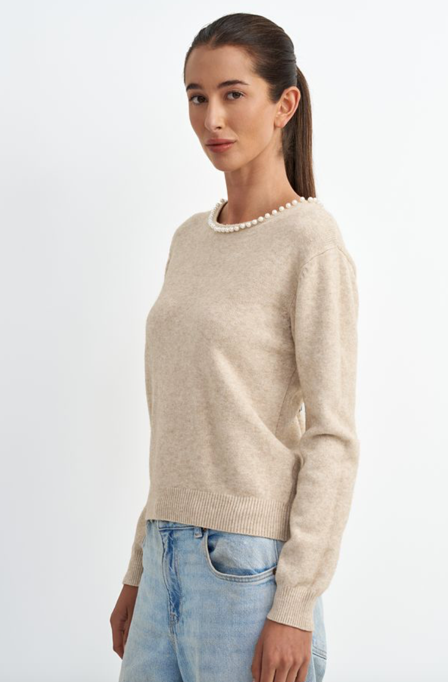 Pearl Neckline Sweater-Beige