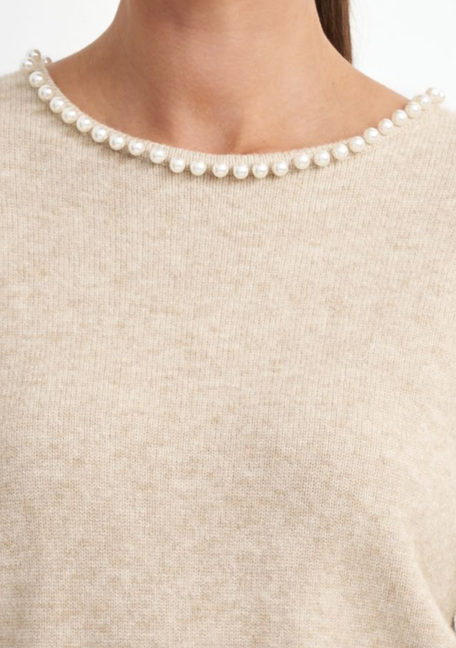 Pearl Neckline Sweater-Beige
