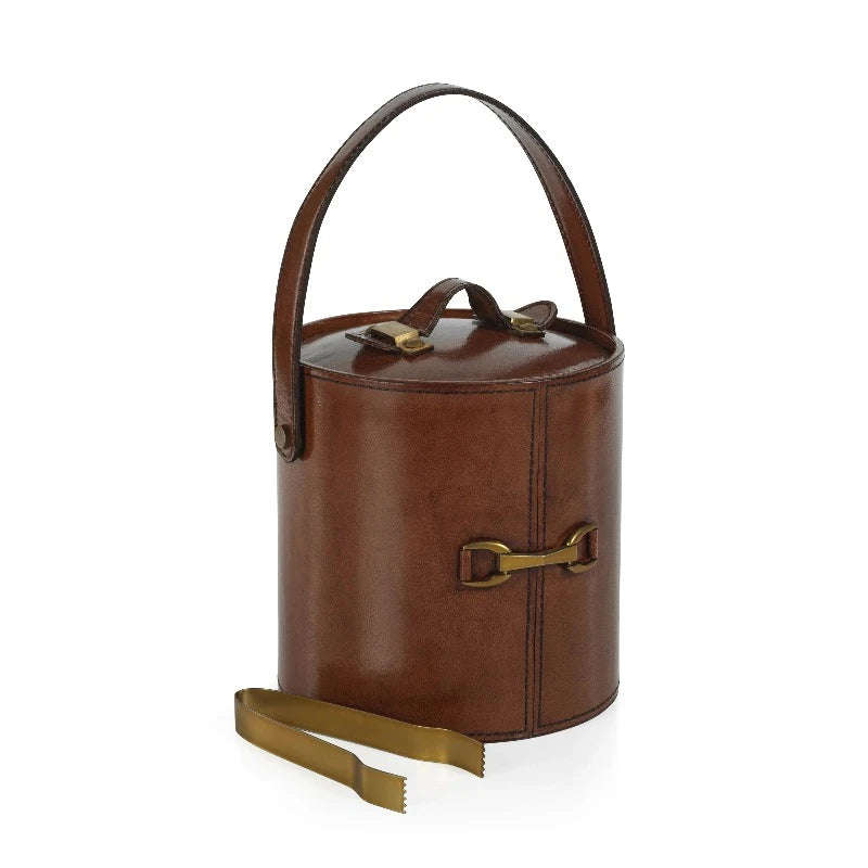 Connaught Leather Ice Bucket with Gold Tongs