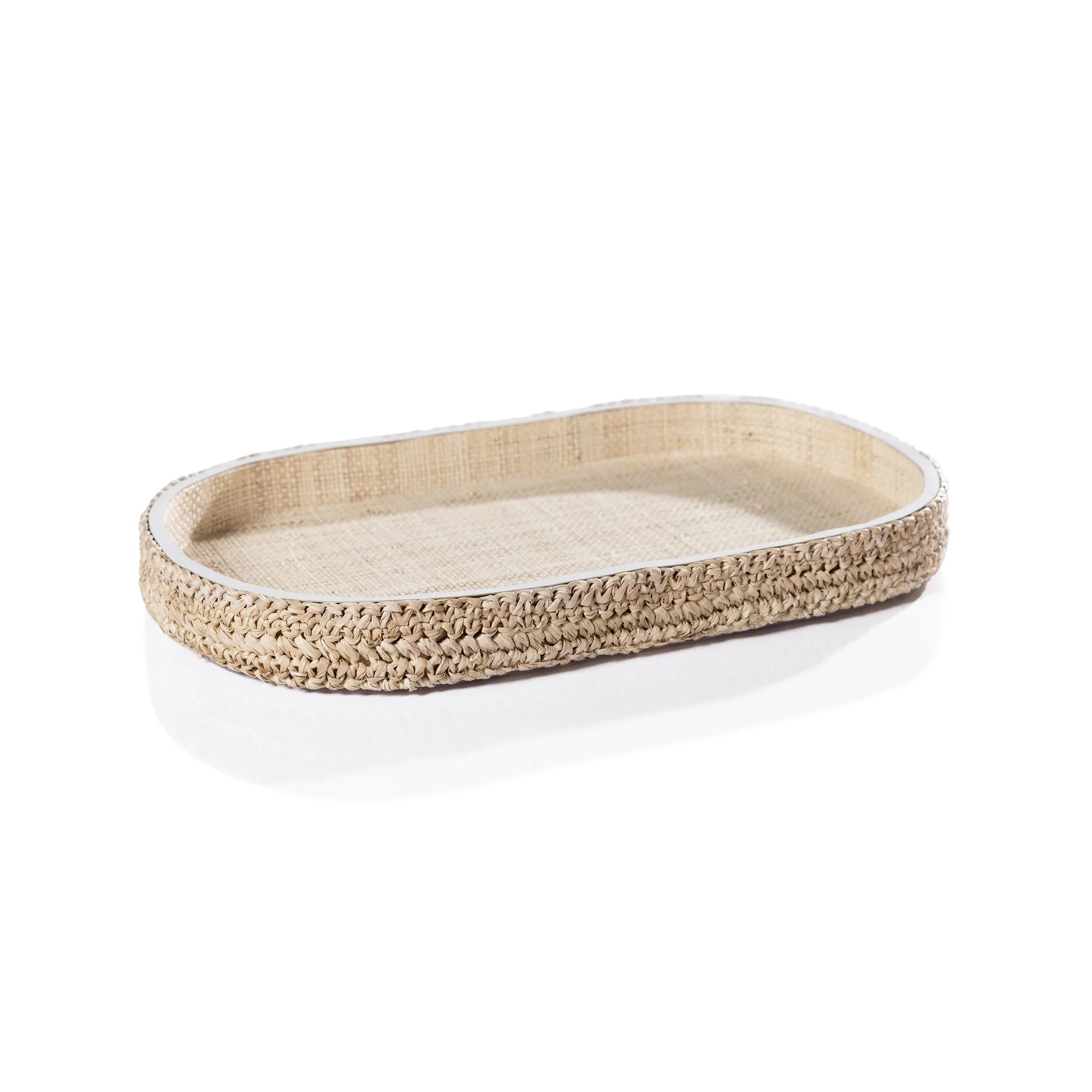 Natural Raffia Oval Tray w/ Leather Trim (2 Sizes)