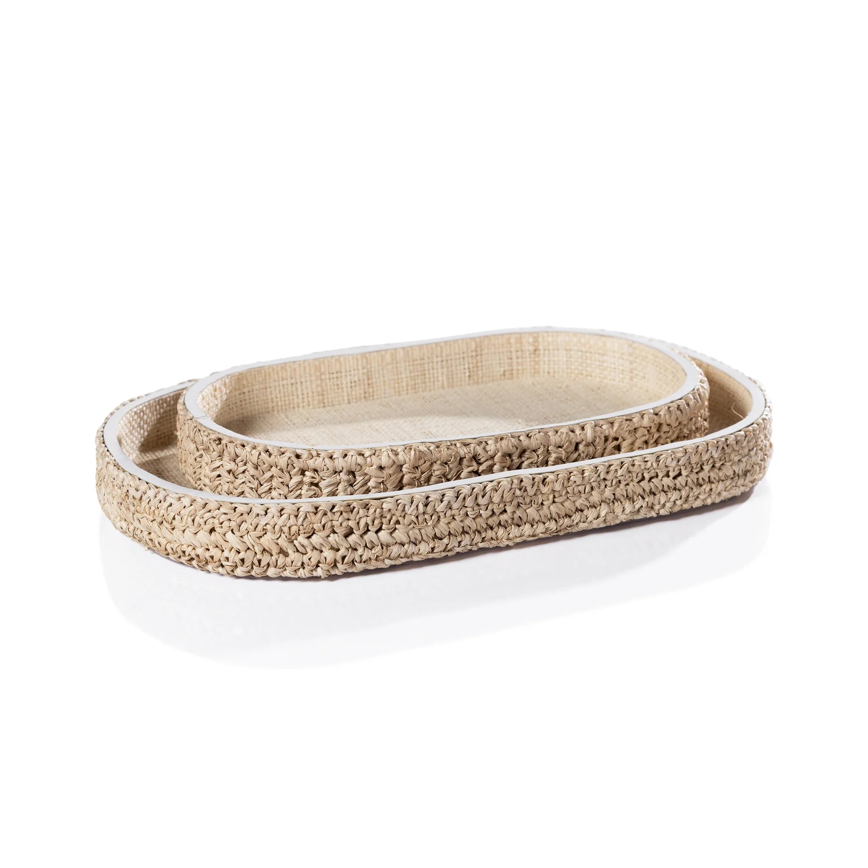 Natural Raffia Oval Tray w/ Leather Trim (2 Sizes)