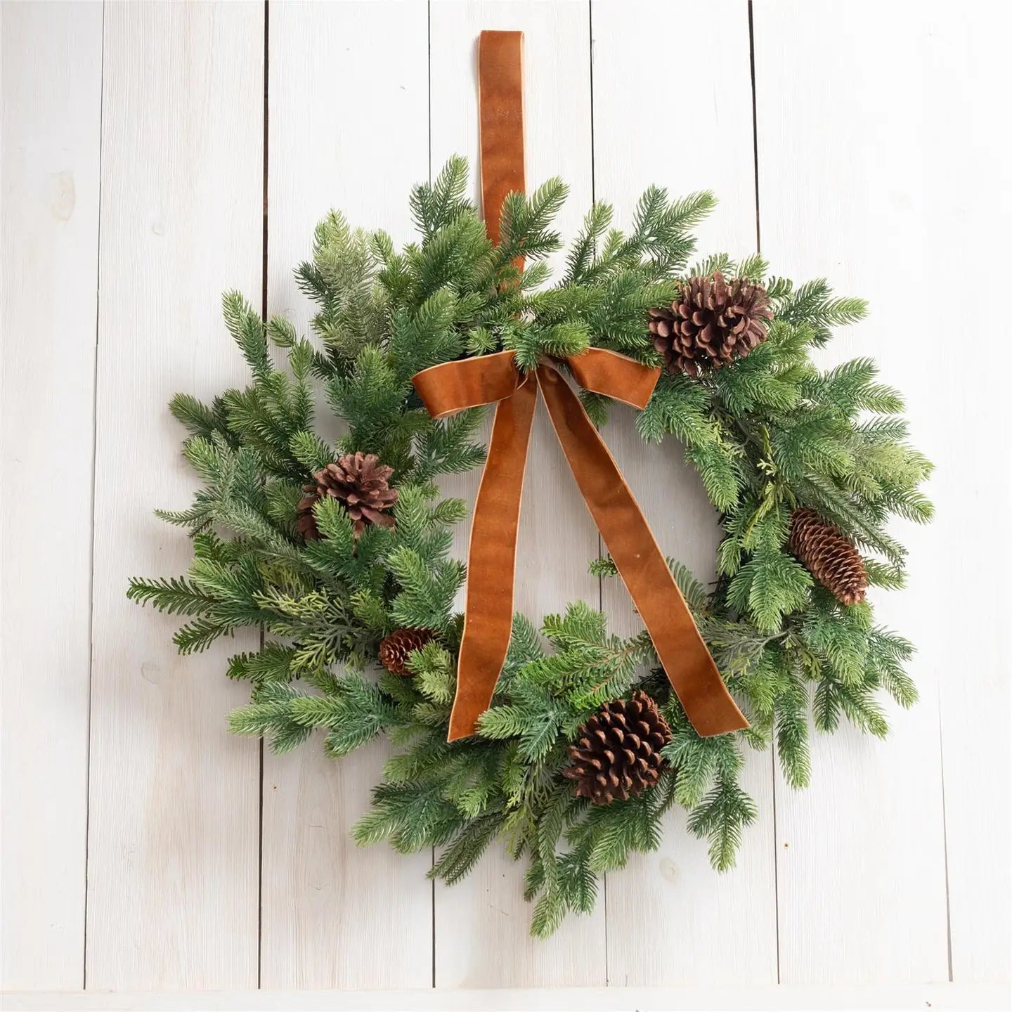 24" Wreath w/ Pinecones + Velvet Brown Bow