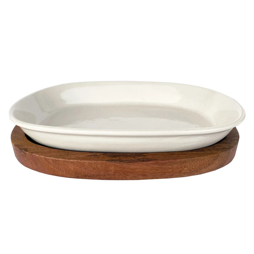 Stoneware Serving Dish w/ Wood Base (Set of 2)